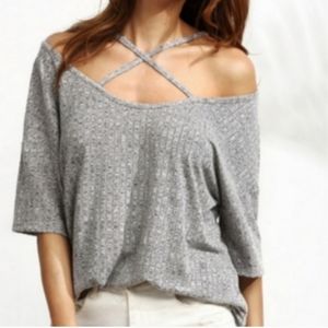 Beautiful criss cross front off shoulder grey blouse